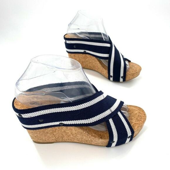 Lucky Brand Miller Cork Wedge Sandals Fabric‎ Striped Blue White 7.5 - Picture 1 of 5